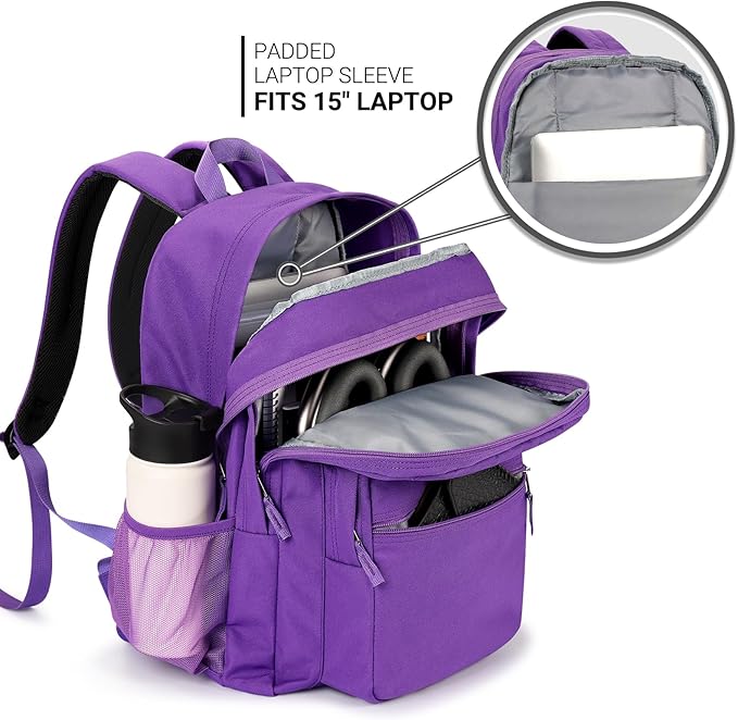 ZORFIN 26L Backpack for School, College, and Travel: Water Resistant Bookbag with 8 Compartments - Purple