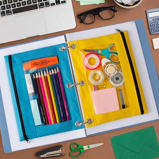 Pencil Pouch for 3 Ring Binder, Pencil Pouches with Zipper & Clear Window - 6 Assorted Color, Pencil Case Bulk for 3-Holes Binder, Multi-Purpose Storage Bag for Office, School Supplies (6)