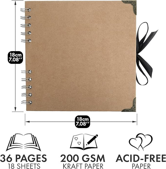 Bstorify Square Scrapbook Photo Albums 36 Pages (7 x 7 inch) Brown Thick 200gsm Kraft Paper Scrap Book, Ribbon Closure - Ideal for Your Scrapbooking Albums, Art & Craft Projects (7 x 7 Inch, Brown)
