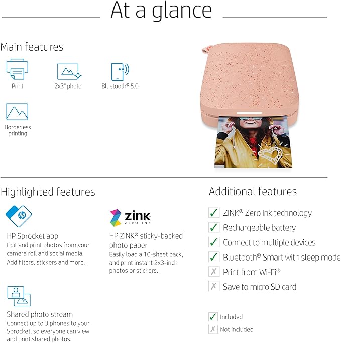 HP Sprocket 2x3 Instant Smartphone Photo Printer 75 Sheets Bundle - Bluetooth Portable Color Wireless Mobile Printer (Pink) Zink Sticky-Back Photos