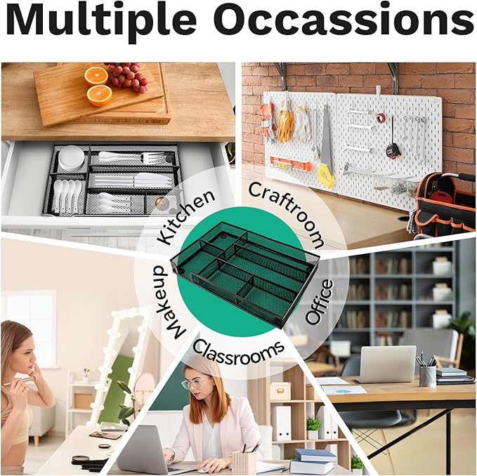 Desk Drawer Organizer Tray Versatile Metal Mesh Desk Organizers and Accessories for Office Supplies, School, Home, 10.34 x 6.1 x 1.38 Inches