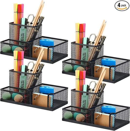 Ferraycle 4 Pcs Mesh Desk Organizer 3 Compartments Mesh Pen Holder Sticky Notes Pencil Holder Metal Caddy Desk Pen Organizer for Desktop Accessories Storage Baskets Home Office School(Black)