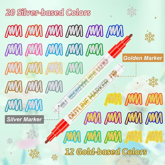 Outline Markers Self-outline Metallic Markers, 20 Silver&12 Gold Colors Double Line Outline Markers Super Squiggles Shimmer Glitter Pen Set for Christmas Greeting Card,Kid Drawing,Doodling,DIY Crafts