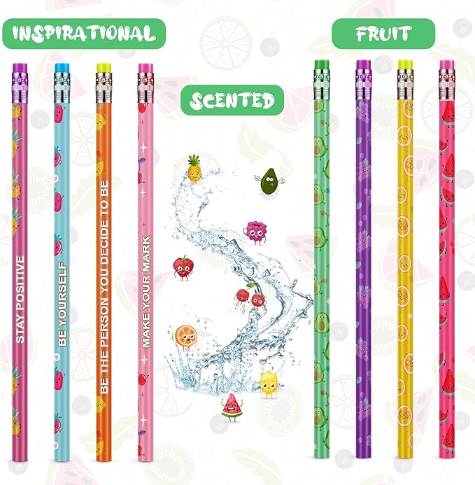 Leinuosen 200 Pcs Scented Pencils Bulk for Kids Inspirational Cute Fun Wood Smelly Pencils with Erasers Fruit Elements for School Classroom Office Students