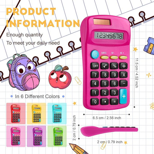 12 Packs Pocket Size Mini Calculator Basic Calculators for Handheld Angled Students 8 Digit Display Solar Battery Dual Power Small Calculator for Students Kids Home Office (6Colors)