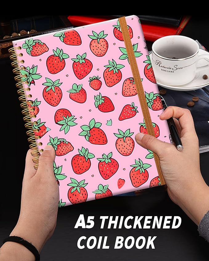 Ruled Spiral Writing Notebook,A5 Hardcover Lined College Journal for Women Lady Girl,Strong Twin-Wire Binding with Premium Paper,8.4" X 6",Perfect for School,Office,Home Gifts(pink strawberry)