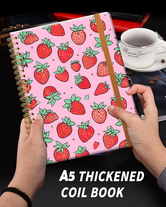 Ruled Spiral Writing Notebook,A5 Hardcover Lined College Journal for Women Lady Girl,Strong Twin-Wire Binding with Premium Paper,8.4" X 6",Perfect for School,Office,Home Gifts(pink strawberry)