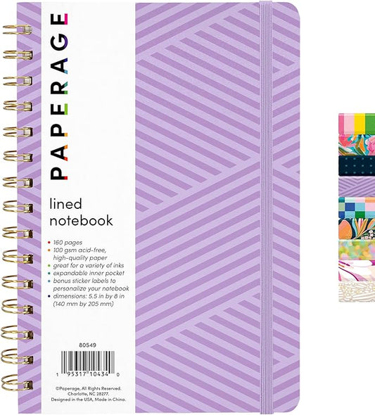PAPERAGE Lined Spiral Journal Notebook, (Geometric Lavender), 160 Pages, Hardcover Journal for Women & Men, Medium 5.5 in x 8 in - 100 GSM, Thick Paper, Spiral Notebook for Work, School & Journaling
