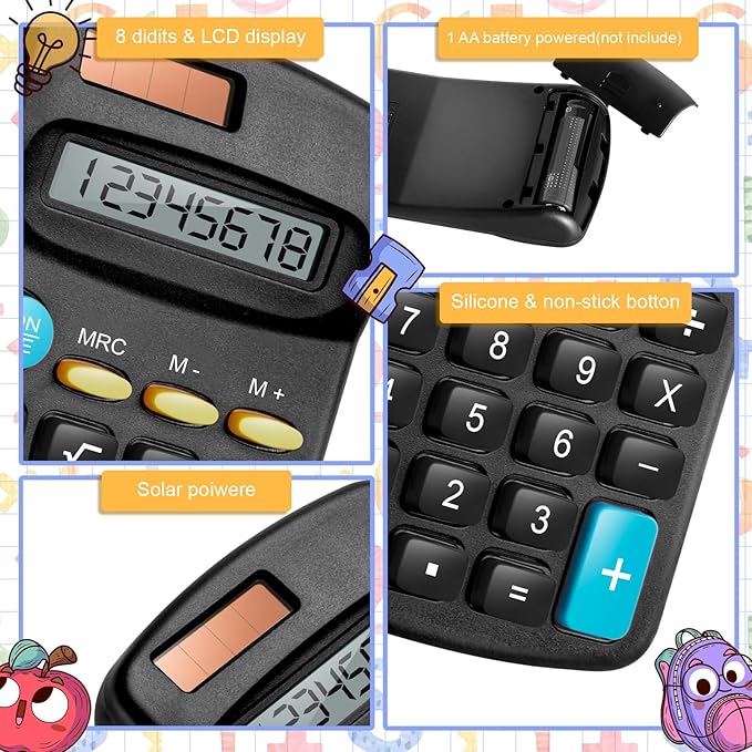 12 Packs Pocket Size Mini Black Calculator Basic Calculators for Handheld Angled Students 8 Digit Display Solar Battery Dual Power Small Calculator for Students Kids Home Office