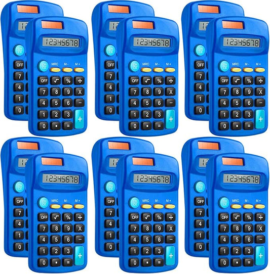 12 Packs Pocket Size Mini Blue Calculator Basic Calculators for Handheld Angled Students 8 Digit Display Solar Battery Dual Power Small Calculator for Students Kids Home Office