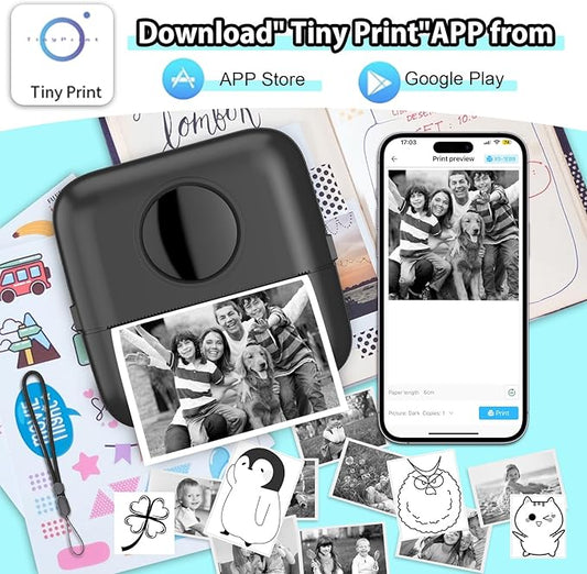HuiJuKeJi Mini Sticker Printer Bluetooth Smart Pocket Inkless Thermal Printer with 11 Rolls Thermal Paper and Sticker for iOS&Android, Portable Receipt Printer for Photo Journal Notes Memo