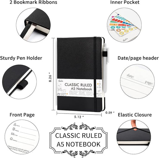 feela 18 Pack Journal Notebook for Work, Business Notebook Bulk Hardcover Lined Writing Journal with Pen Holder for Men Women Note Taking, with 18 Black Pens, 120 GSM, 5.1”x8.3”, A5, Black