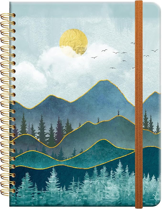 Ruled Spiral Writing Notebook,A5 Hardcover Lined College Journal for Women Lady Girl,Strong Twin-Wire Binding with Premium Paper,8.4" X 6",Perfect for School,Office,Home Gifts(teal mountain tree