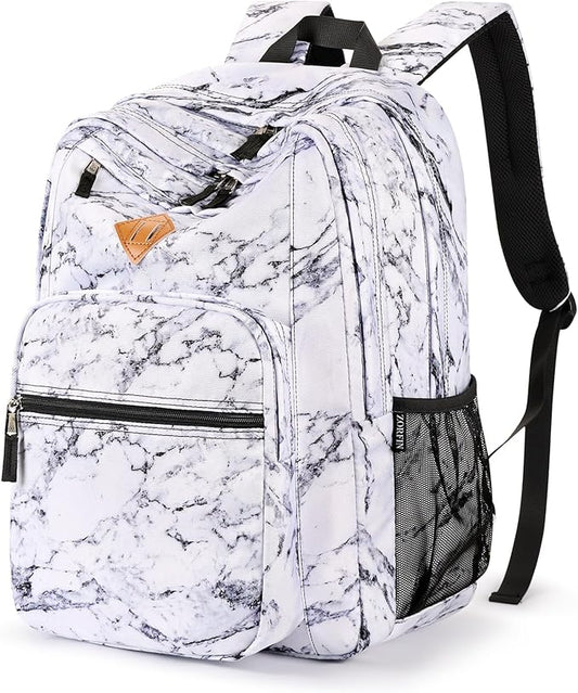 ZORFIN 26L Backpack for School, College, and Travel: Water Resistant Bookbag with 8 Compartments - Marble