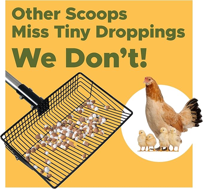 ¼" Slotted Chicken Poop Scooper for Sand - Fine Sifter & Durable Chicken Coop Scoop - Sifting Shovel; Coop Pooper Scooper, Metal Sand Sifter Shovel for Poultry Run, Poultry Litter Tools; Poop Scoop