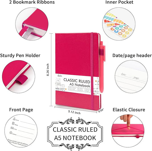 feela 12 Pack Notebooks Journals Bulk, Hardcover Notebook Classic Ruled Lined Journals with Pen Holder for Women Girls School Business Supplies, with 12 Black Pens, 120 GSM, 5.1”x8.3”, A5, Berry