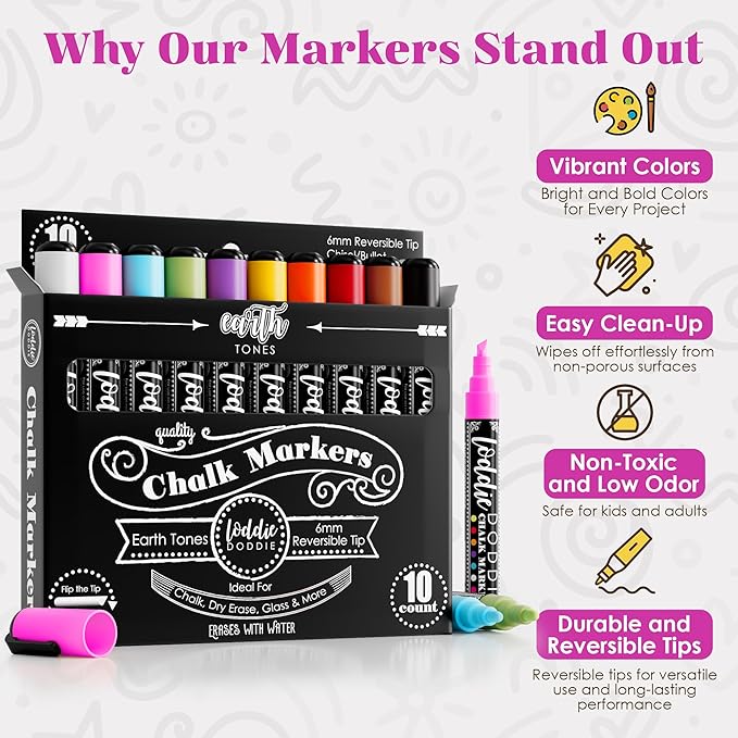 Loddie Doddie Chalk Markers for Blackboard & Windows - 10 Count Earth Tones 6mm Chisel & Bullet Tip - Smudge-Proof Erasable Liquid Chalk Pens with Reversible Tips