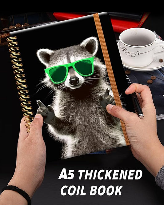 Ruled Spiral Writing Notebook,A5 Hardcover Lined College Journal for Women Lady Girl,Strong Twin-Wire Binding with Premium Paper,8.4" X 6",Perfect for School,Office,Home Gifts(raccoon wearing sunglass