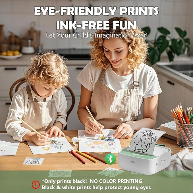 iDPRT Mini Sticker Printer - S1 Portable Sticker Maker Machine with 1 Roll Sticker Paper, Bluetooth Print Pods Pocket Printer for Study Notes, Graphics, Students, Kids Gift, Free App, Green