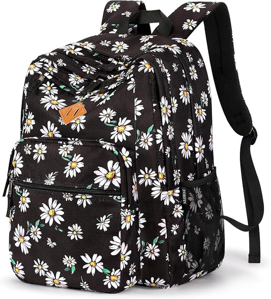ZORFIN 26L Backpack for School, College, and Travel: Water Resistant Bookbag with 8 Compartments - Daisy Black