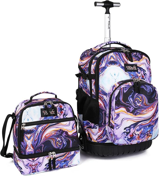 Tilami Rolling Backpack 19 inch with Lunchbox Wheeled Laptop Backpack, Painting Purple