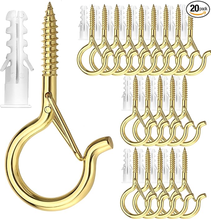 PlusRoc 20 Pack Q-Hanger String Light Hooks - Gold Cup Hooks for Hanging Lights, Plants; Screw in Ceiling & Wall Mount