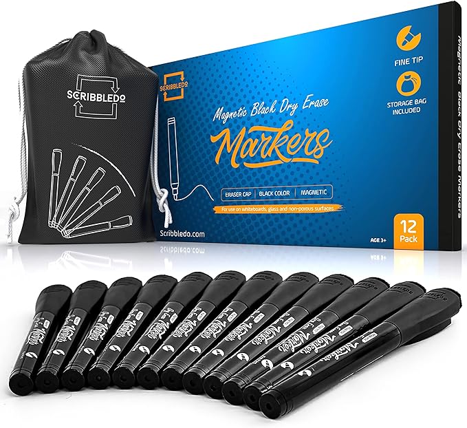 Scribbledo 12 Pack Magnetic Dry Erase Markers Black Fine Tip Whiteboard Markers with Eraser Cap Thin Low Odor Skinny White Board Markers for Adults Students Teachers Kids Art Home School & Office
