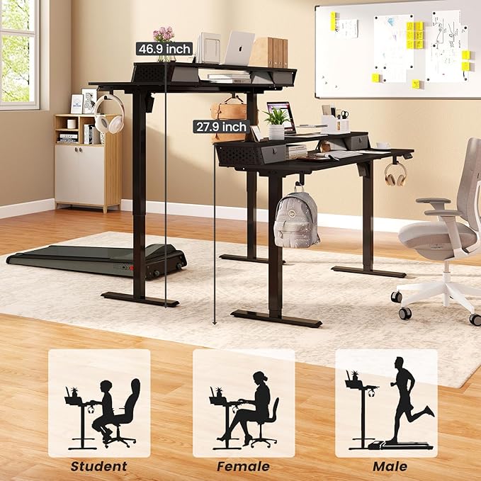 Standing Desk with Drawers and Brushless Motor,Electric Height Adjustable Desk for Walking Pad,Ergonomic Stand Up Desk for Home Office & Gaming,3 Memory Height Preset & Hooks(55" x 24",Black)