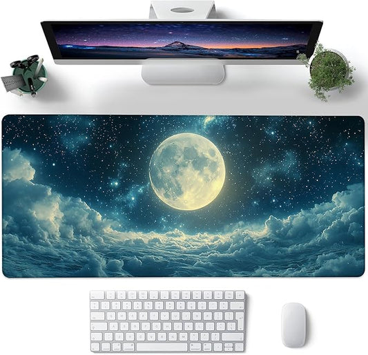 Desk Mat, Moon Floating in Sea Stars Clouds Large Gaming Mouse Pad with Non-Slip Base Stitched Edges,Desk pad for Keyboard and Mouse Home Office 35.4"x15.7"