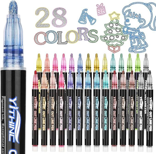 Outline Shimmer Markers, 28 Glitter Metallic Gel Pens for Tween Teen Girl Gifts Trendy Stuff, Halloween, Birthday Party, Cool Fun Art Crafts Supplies, Stocking Stuffers for Kids Girls Ages 8 10 12 14