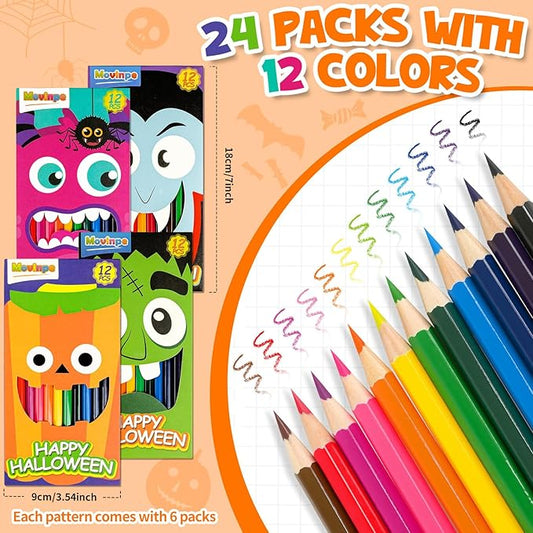 MOVINPE 288 Count Halloween Colored Pencils Bulk for Kids, 24-Box Pre‑Sharpened Colored Pencils 12 Vivid Colors Trick or Treating Party Favor Supplies Halloween Goody Bags, Classroom Gift Prize