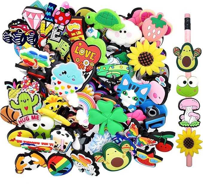 YEALQU 200PCS Random Different Pencil Topper Decoations Cute PVC Pencil Toppes Lovely Black Clip for Pupil/Junior Students Gifts Awards
