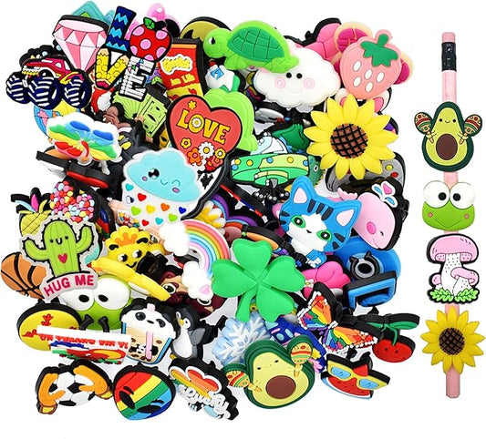 YEALQU 200PCS Random Different Pencil Topper Decoations Cute PVC Pencil Toppes Lovely Black Clip for Pupil/Junior Students Gifts Awards