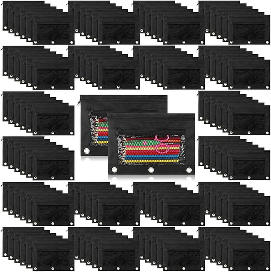 Zhehao 150 Pieces Zipper Binder Pencil Pouches 3 Ring Binder Zipper Pouches Case with Window Ring Pencil Bags Case or Office School Students Supplies(2 Zipper,Full Black)