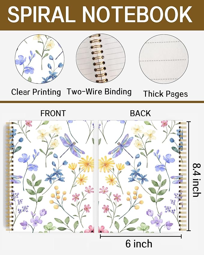 Spiral Notebook A5, Hardcover Journal for Women, 120 Pages Thick College Ruled Paper, Perfect for Office, School, or Home Use(Dragonfly and Flowers)