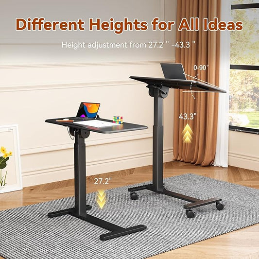 Mobile Standing Desk, Height Adjustable Left/Right Overbed Bedside Table, 90° Tiltable Portable Laptop Desk with Wheels, Foldable Computer Cart for Hospital Home Use, Black