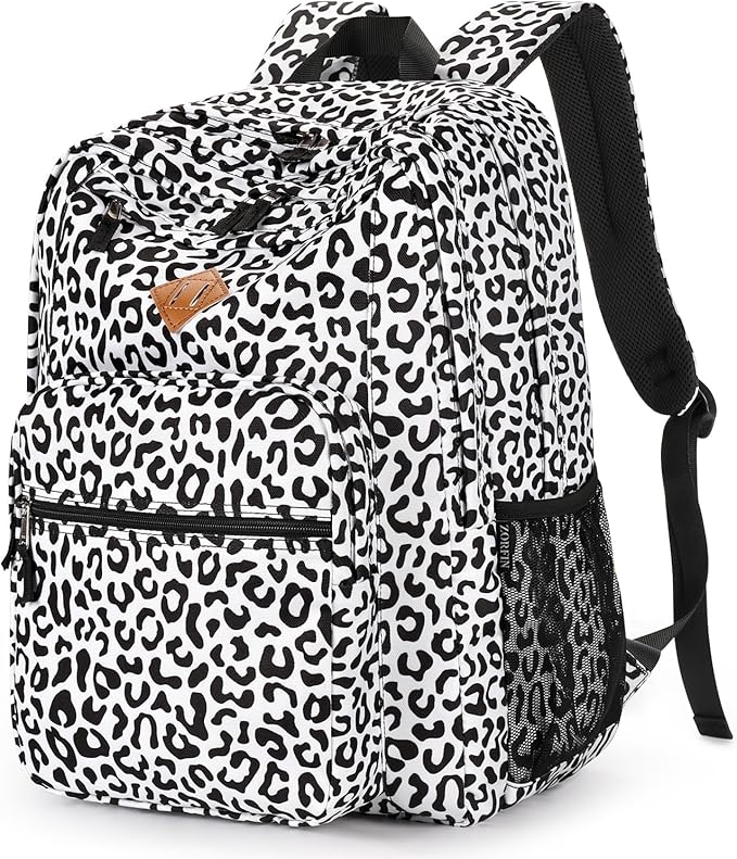 ZORFIN 26L Backpack for School, College, and Travel: Water Resistant Bookbag with 8 Compartments - Snow Leopard