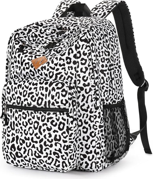 ZORFIN 26L Backpack for School, College, and Travel: Water Resistant Bookbag with 8 Compartments - Snow Leopard