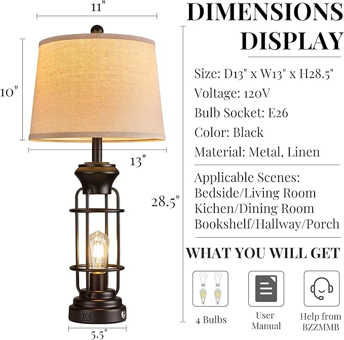 Black Table Lamps Set of 2, 28.5" Farmhouse Lamps for Living Room with USB C+A Ports, Touch Lamps for Bedroom, LED Bulbs Included