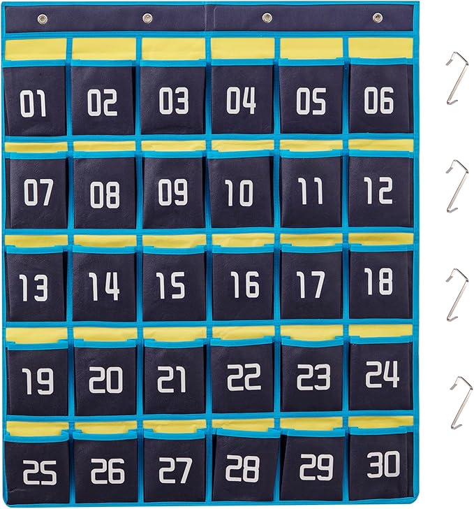 HBlife 30 Pockets Numbered Classroom Organizer Pocket Chart Cell Phones Holder Wall Door Hanging Storage Bag (Blue, 1 Pack)