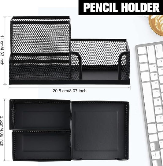Ferraycle 4 Pcs Mesh Desk Organizer 3 Compartments Mesh Pen Holder Sticky Notes Pencil Holder Metal Caddy Desk Pen Organizer for Desktop Accessories Storage Baskets Home Office School(Black)