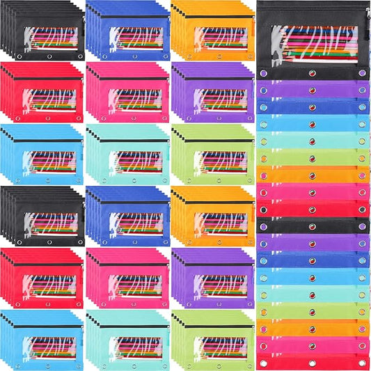 Zhehao 100 Pieces Zipper Binder Pencil Pouches Bulk 3 Ring Binder Pouches Zipper Pouches Case with Window Ring Binder Pencil Bags Case Office School Supplies (8 Colors,Single Layer)