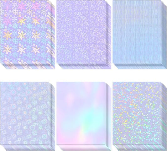 36 Sheets Holographic Sticker Paper, Clear Vinyl Laminate Film for Stickers Waterproof, Transparent Overlay Lamination Sticker Paper Self-Adhesive, 6 Patterns-8.5x11 Inch