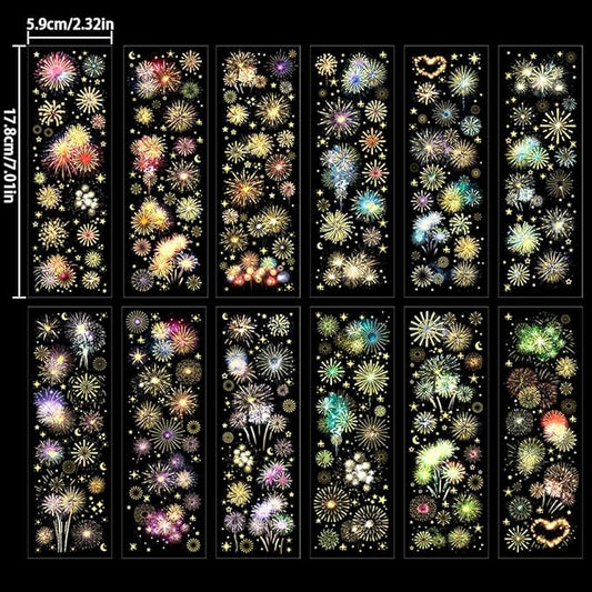 12 Sheets Fireworks Landscape Stickers for Scrapbooking Scrapbook Stickers Aesthetic Glitter Sticker Sets PET Transparent Sticker for Journaling Journal Supplies Decals for Scarp Booking Supples Kit