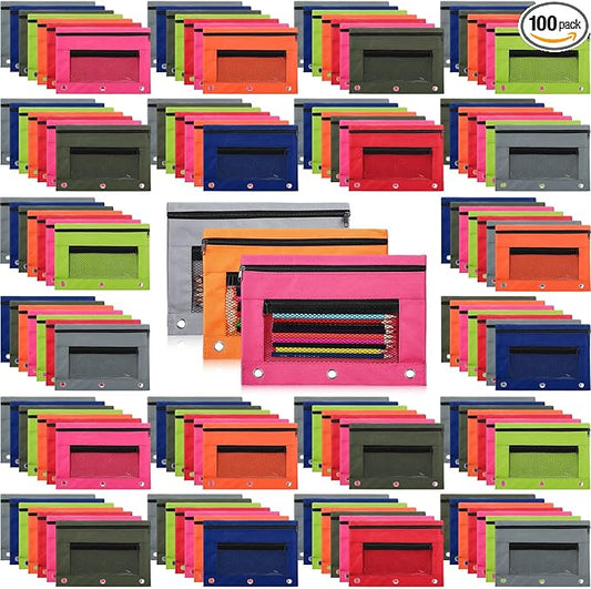 Tinlade 100 Pcs 3 Ring Binder Pencil Pouches Zipper Pouches Case with Mesh Window Ring Binder Pencil Bags Case for Christian Charity Donation Supplies(7 Colors)