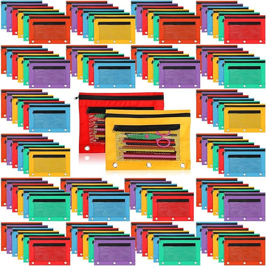 Zhehao 150 Pieces Zipper Binder Pencil Pouches 3 Ring Binder Zipper Pouches Case with Window Ring Pencil Bags Case or Office School Students Supplies(2 Zipper,Colorful)