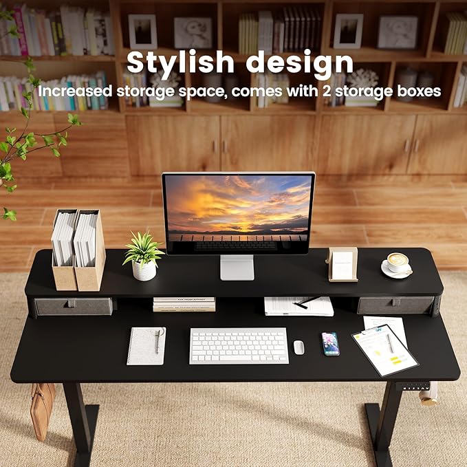 Standing Desk with Drawers and Brushless Motor,Electric Height Adjustable Desk for Walking Pad,Ergonomic Stand Up Desk for Home Office & Gaming,3 Memory Height Preset & Hooks(55" x 24",Black)