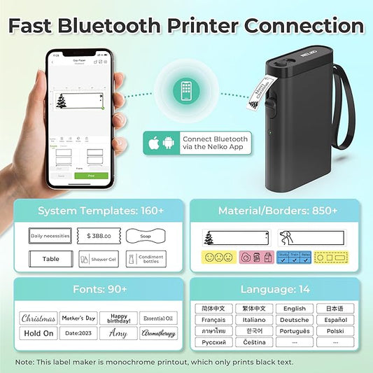 Nelko Label Maker Machine with Tape, P21 Bluetooth Label Printer, Wireless Mini Label Makers with Multiple Templates for School Office Home, Black
