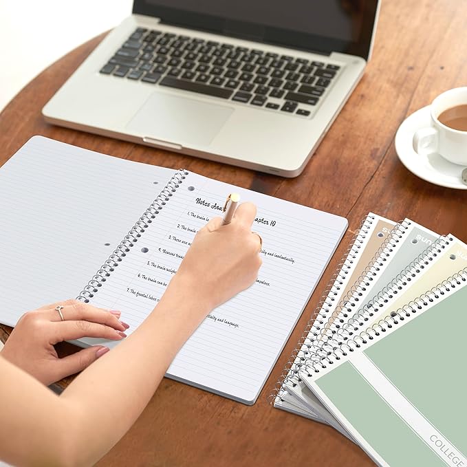 SUNEE Spiral Notebooks College Ruled, 1-Subject, 4 Pack, 8 x 10-1/2 inch, 70 Sheets, 3-Hole Punched Paper, Green, Grey, Beige, Red for Work, Home & School, Writing Journal