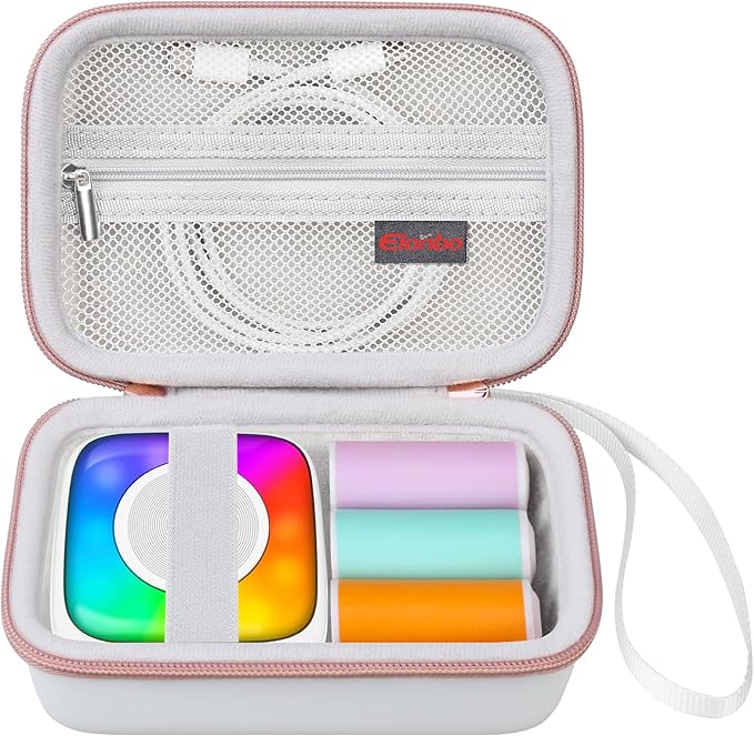 Elonbo Carrying Case for Lebt Mini Sticker Pocket Printer, Thermal Label Printer Portable Travel Bag, Label Maker Machine Storage Holder, Mesh Pocket Fits Paper Rolls Tape, White